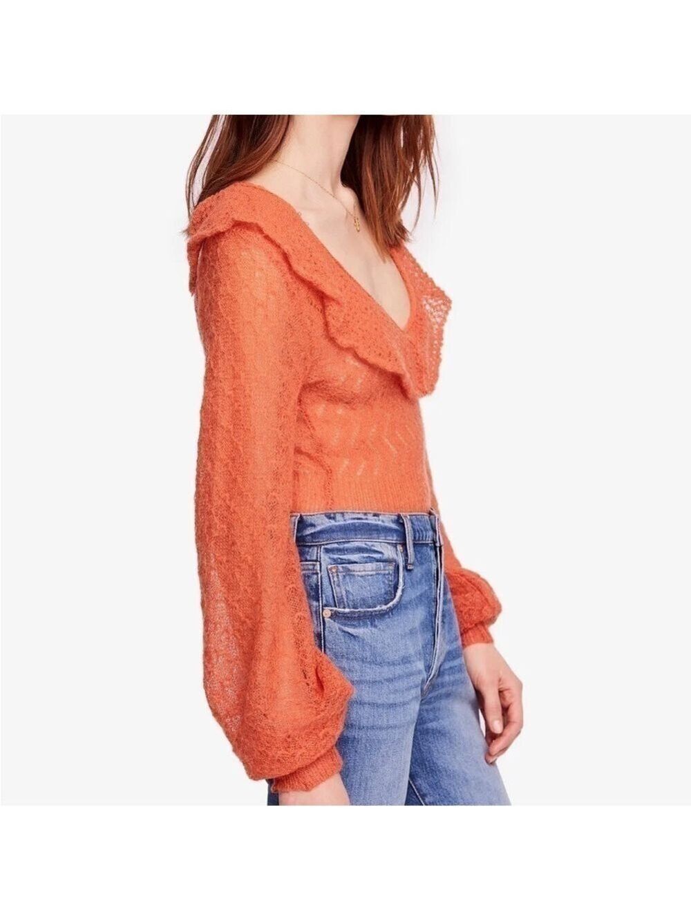 Free People Macaroon Ruffled Neck Mohair Wool Sweater Burnt Orange Ruffle size L - Picture 2 of 9